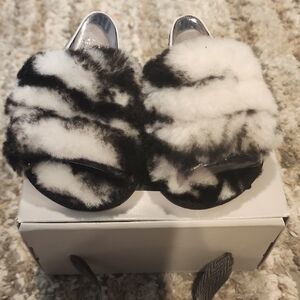 UGG Kids Black and White Furry Slippers